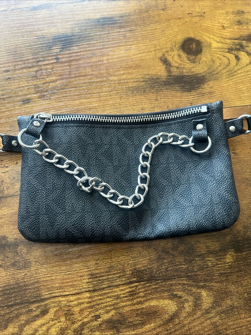 Black Chain-Accent Leather Wristlet Wallet